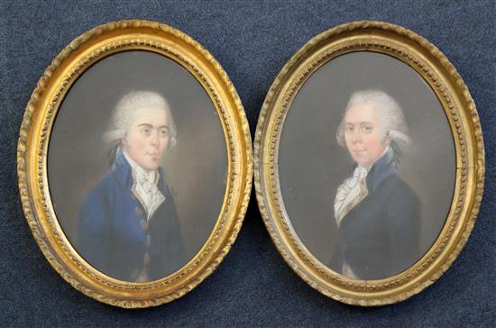 Late 18th century English School Portraits of gentlemen wearing blue coats, oval, 10 x 8in.